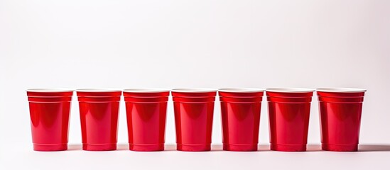 Beer pong game with red plastic cups on white background - obrazy, fototapety, plakaty