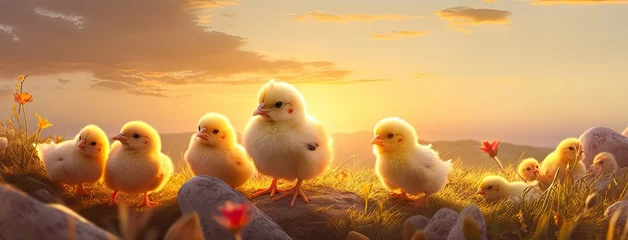 a mother hen guards her fluffy chicks in the golden sunlight, embodying the essence of organic poultry farming. © lililia