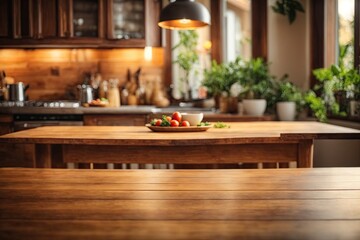Fototapeta premium Wooden table on blurred kitchen bench background. ai generative