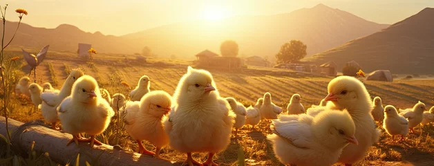 Poster a mother hen guards her fluffy chicks in the golden sunlight, embodying the essence of organic poultry farming. © lililia
