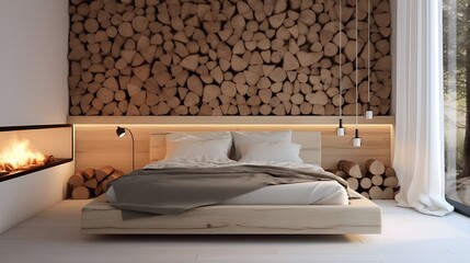 Natural log lampshade near bed. Minimalist interior design of modern bedroom. Generate AI 
