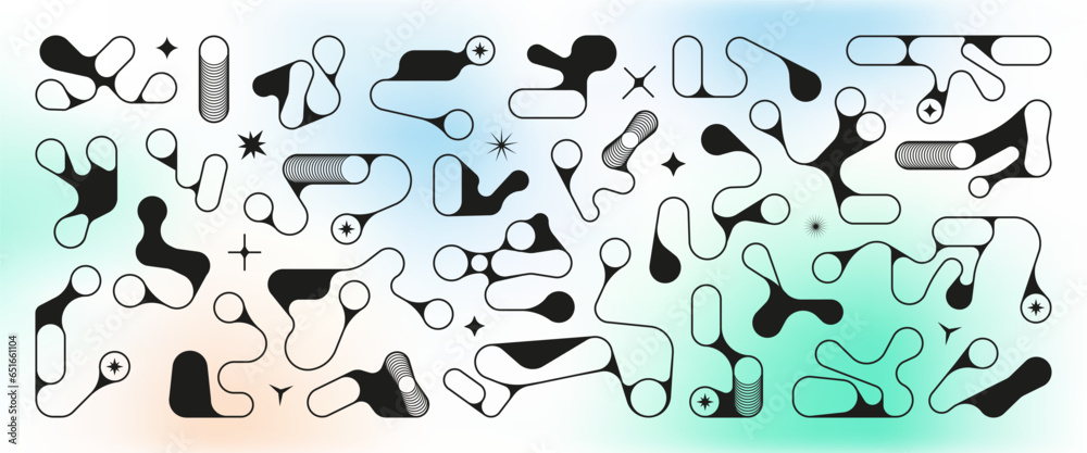 Poster y2k shapes. abstract gradient figures. modern geometry black forms. random geometric icons. brutalis
