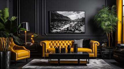 Black velvet tufted sofas and yellow leather chair