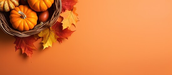 Autumn themed laptop with orange background and candy filled pumpkin basket