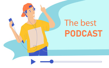 People listen to music. Happy teenager with phones and headset. Podcast streaming. Audiobook enjoying. Online technology. Guy with headphones. Radio broadcasting. Vector cartoon banner