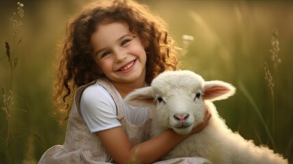 a girl lovingly embraces a lamb amidst the scenic beauty of the farm.