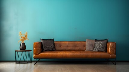 Patchwork Black and brown leather sofa against turquoise blank wall with copy space. Minimalist home interior design of modern. Generate AI  - obrazy, fototapety, plakaty
