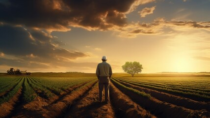 an elderly farmer confidently stands in his plowed field, expertly managing farm machinery with a digital tablet. - obrazy, fototapety, plakaty