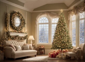 Cozy New Year interior with Christmas tree presents lights and fireplace
