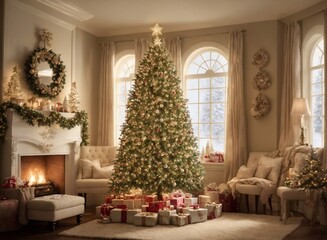 Cozy New Year interior with Christmas tree presents lights and fireplace
