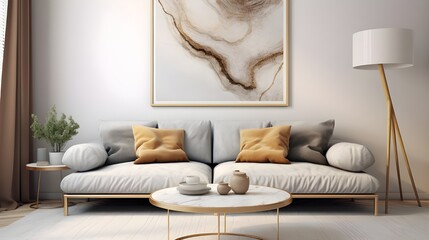 Round golden coffee table with marble stone top near gray curved sofa against beige wall with big art poster frame. Minimalist Scandinavian home interior design of modern living room. Generate AI  - obrazy, fototapety, plakaty