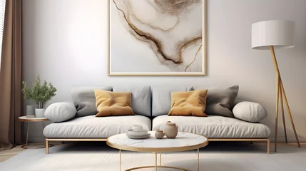 Fotobehang Round golden coffee table with marble stone top near gray curved sofa against beige wall with big art poster frame. Minimalist Scandinavian home interior design of modern living room. Generate AI  © Muzikitooo
