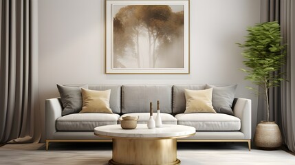 Round golden coffee table with marble stone top near gray curved sofa against beige wall with big art poster frame. Minimalist Scandinavian home interior design of modern living room. Generate AI 