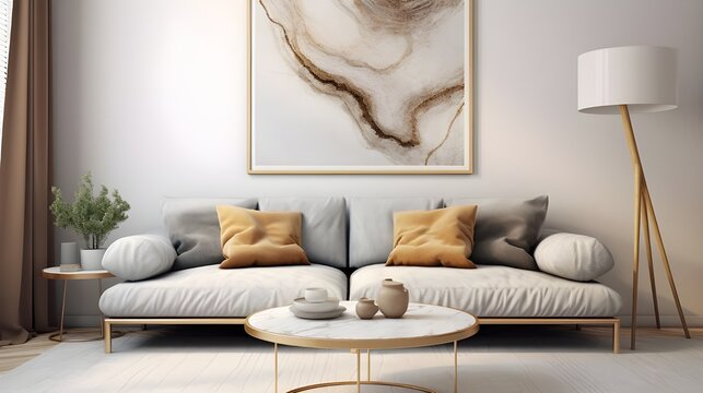 Fototapeta Round golden coffee table with marble stone top near gray curved sofa against beige wall with big art poster frame. Minimalist Scandinavian home interior design of modern living room. Generate AI 