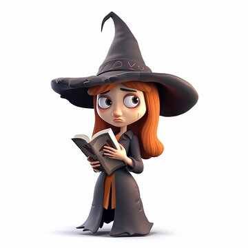 Cute funny witch, girl in witch costume for Halloween, creative avatar, cartoon caricature 3d style, portrait on white