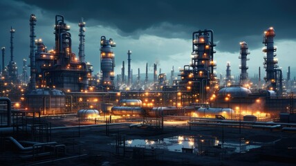 the towering structures and intricate network of pipes and machinery at an oil refinery, highlighting the scale and complexity of the petrochemical industry.
