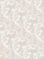 Seamless floral background with white lace leaves.Vector white lace branches with flowers