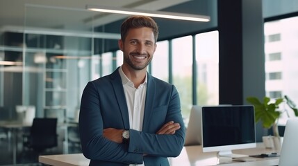Obraz premium A self-assured entrepreneur in a contemporary, minimalist office environment, exuding innovation and focus.