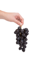 A hand holds a bunch of grapes.