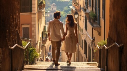 Fototapeta premium A couple as they discover a historical city, enchanted by its architectural grandeur and romantic allure.