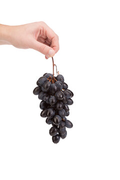 A hand holds a bunch of grapes.