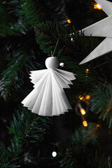 Origami decorations for the Christmas tree. Handmade, hobby Christmas tree toys. Paper crafts,...