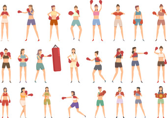 Boxer woman icons set cartoon vector. Female glove. Mma lady
