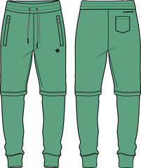 Detachable Jogger bottom Pants design flat sketch vector illustration, Casual cargo pants concept with front and back view, Sweatpants for running, jogging, fitness, and active wear pants design.