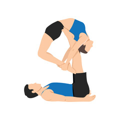 Young couple doing Urdhva Dhanurasana couple yoga exercise. Flat vector illustration isolated on white background