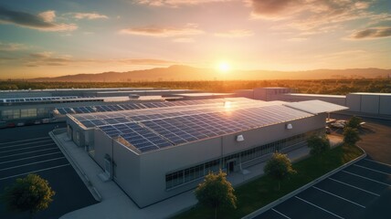 a technician installing solar panels on the roof of a factory at sunrise, symbolizing the shift to clean and renewable energy sources.