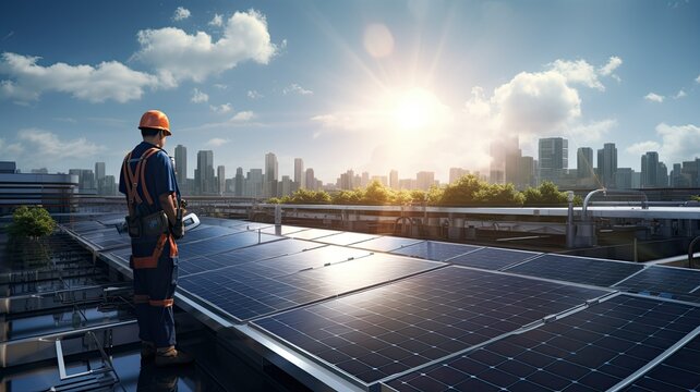 a technician installing solar panels on the roof of a factory at sunrise, symbolizing the shift to clean and renewable energy sources.
