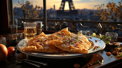 French cuisine,French omelette with Paris background