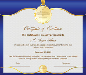 Blue gradient certificate of academic excellence design vector template