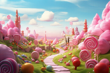 Colorful pastel candy landscape. pink castle or palace in the land of sweets. road among sweets and lollipops