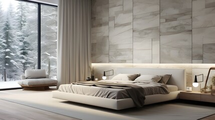 scandinavian interior design of modern bedroom with stone tiled and marble paneling wall. Generate AI