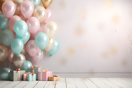 Gold helium air balloons and gifts celebration