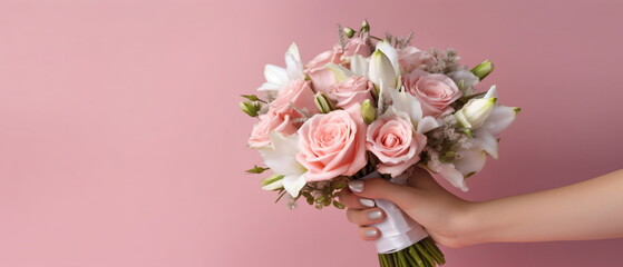 bouquet with pink tulips in children's hands on a pink background