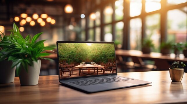 an enticing close-up image of a laptop's pristine mockup screen, its potential on display on a chic, modern table within a contemporary meeting environment