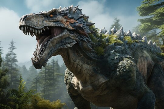 Tyrannosaurus rex 3d in the park. Prehistoric animals dyno running in lush grass environment. Cinematic. Ancient world. Ai design