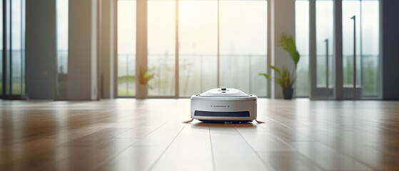 Robotic vacuum cleaner with sensor limiter isolated on laminate floor