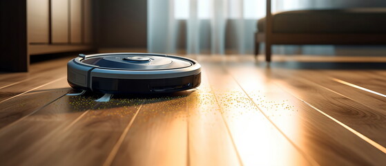 Obraz premium Robotic vacuum cleaner with sensor limiter isolated on laminate floor