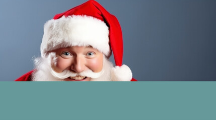 Happy Claus smiling come and deliver Christmas gifts peeking out from blank advertisement banner background with copy space, Happy New Year, merry, x-mas holiday concept