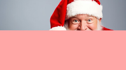 Happy Claus smiling come and deliver Christmas gifts peeking out from blank advertisement banner background with copy space, Happy New Year, merry, x-mas holiday concept