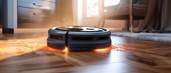Robotic vacuum cleaner with sensor limiter isolated on laminate floor - obrazy, fototapety, plakaty