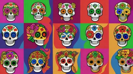 Obraz premium Collage of skull miniatures for day of the dead. Colorful. Catrinas.