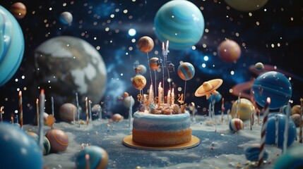 Craft a high-definition image of a space-themed birthday party with an extreme close-up of a...
