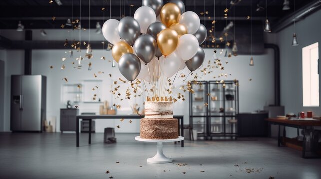 Craft a high-definition image of a contemporary birthday celebration in a modern loft, featuring a sleek, minimalist cake and metallic balloons