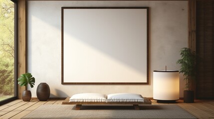 Craft a minimalist mockup of a poster frame in a Japanese Zen garden with traditional tatami floor furniture.