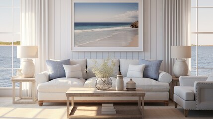 Craft a serene mockup featuring a poster frame in a coastal beach house living room with relaxed, beachy furniture.