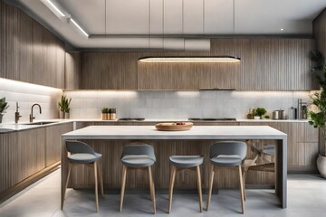 Fototapeta na wymiar Vacant modern kitchen with light gray, tall wooden cabinets, a background of tile, ceiling led lights, and a dining table and chairs
